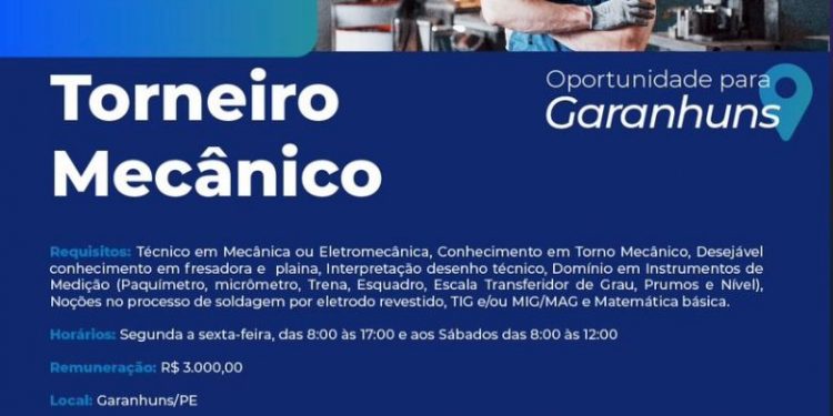 IEL-PE seleciona para vaga de torneiro mecânico, em Garanhuns