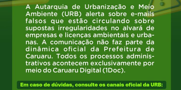 URB alerta para golpe de e-mails falsos sobre alvarás de funcionamento